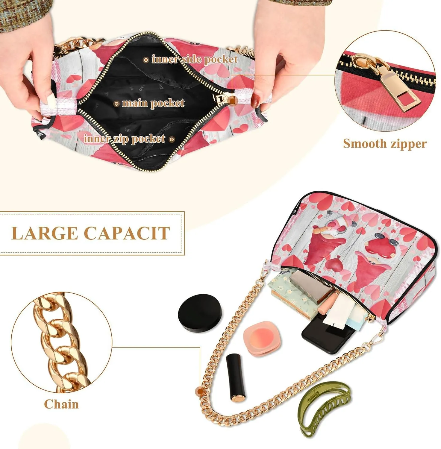 Shoulder Bag for Women Hobo Tote Handbag Gold Chain Crossbody Bag with Zipper Clutch Purse Handbags