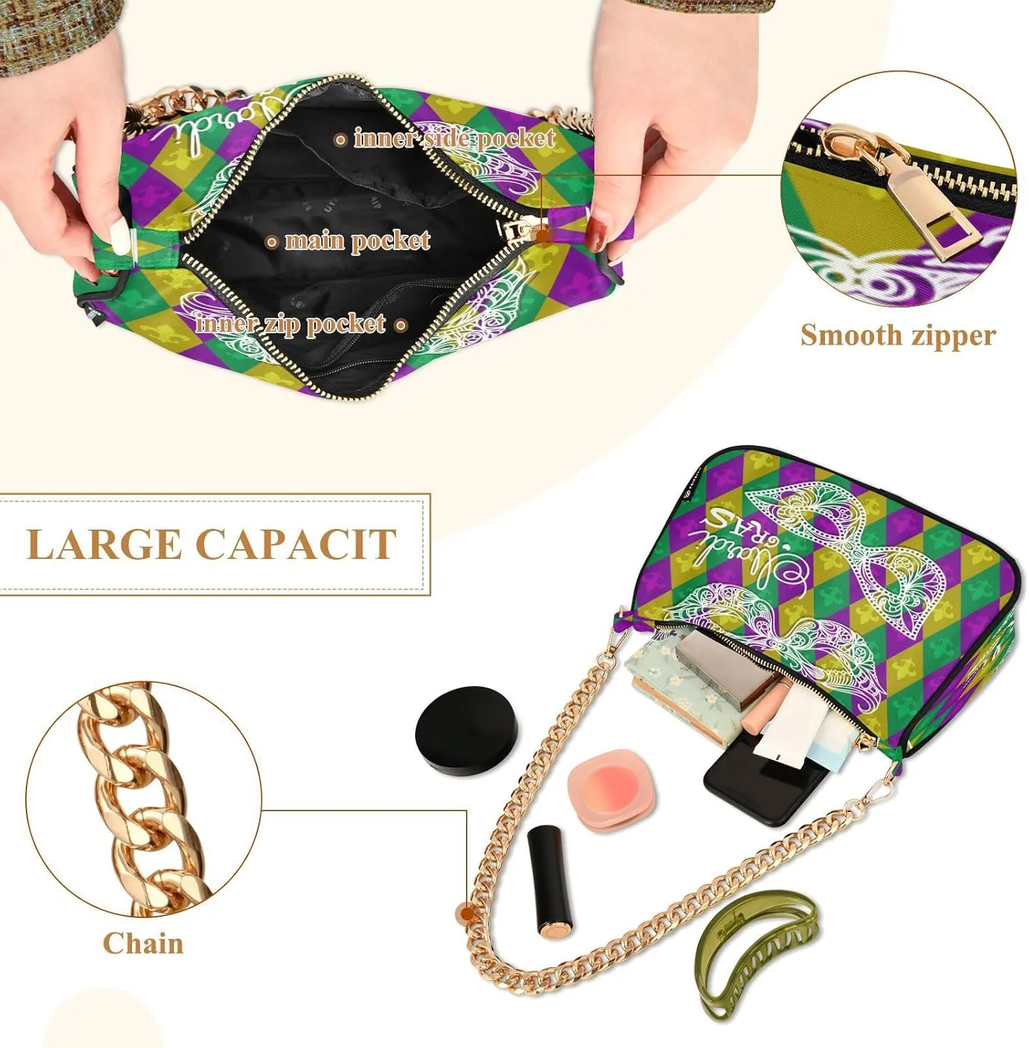 Shoulder Bag for Women Hobo Tote Handbag Gold Chain Crossbody Bag with Zipper Clutch Purse Handbags