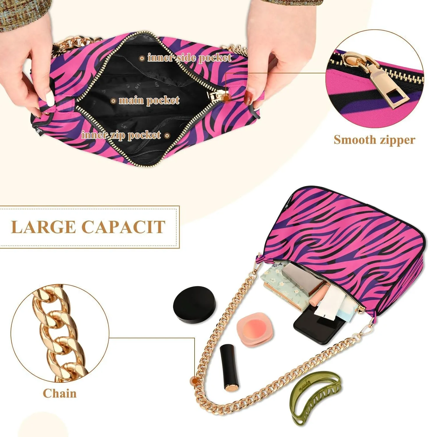Shoulder Bag for Women Hobo Tote Handbag Gold Chain Crossbody Bag with Zipper Clutch Purse Handbags