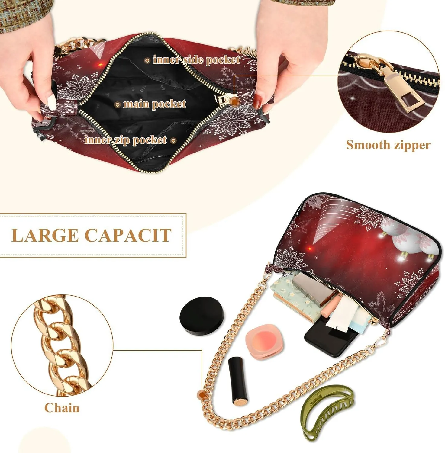 Shoulder Bag for Women Hobo Tote Handbag Gold Chain Crossbody Bag with Zipper Clutch Purse Handbags