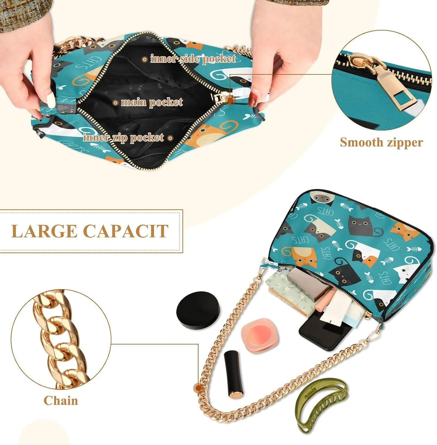 Shoulder Bag for Women Hobo Tote Handbag Gold Chain Crossbody Bag with Zipper Clutch Purse Handbags