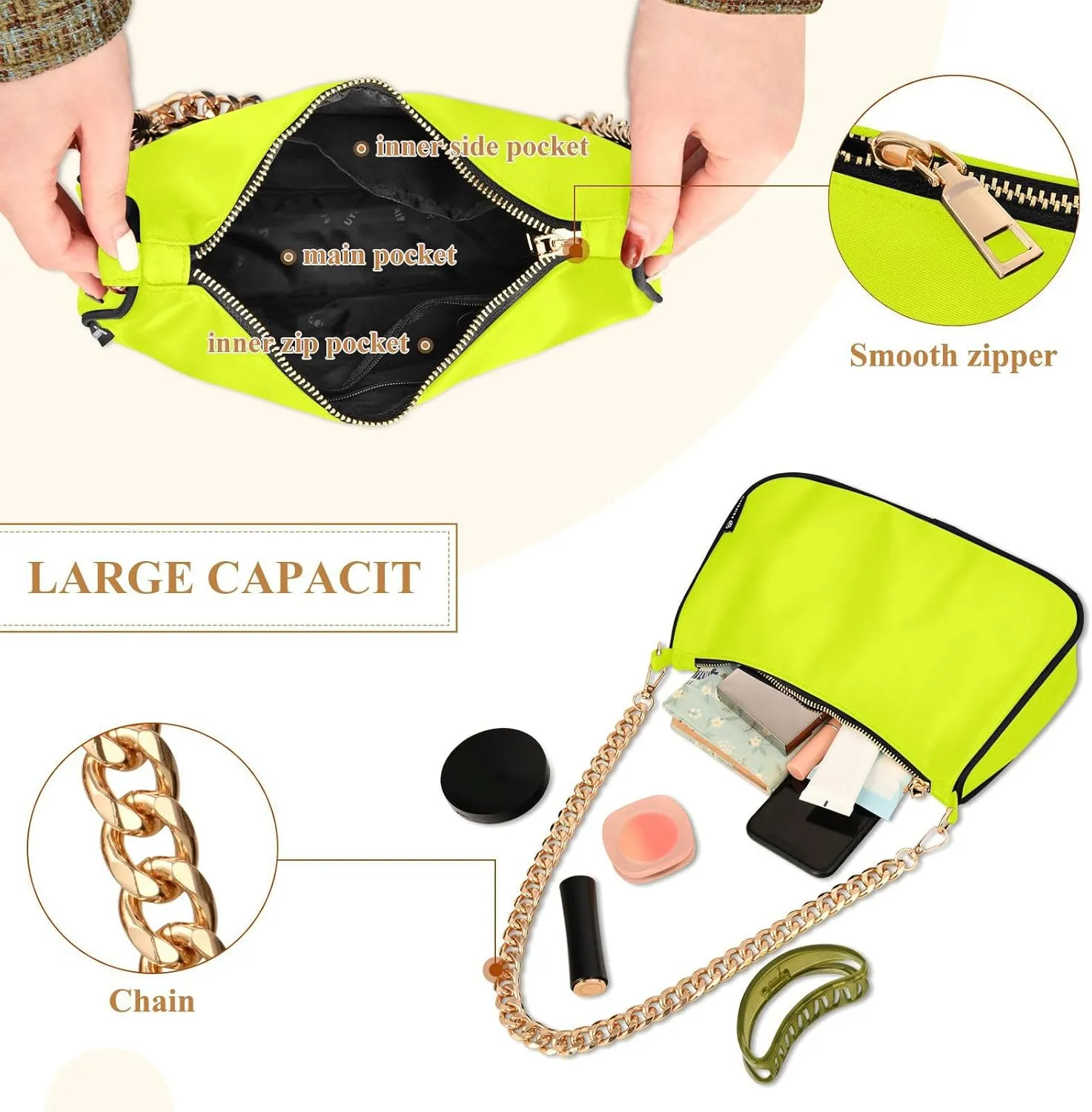 Shoulder Bag for Women Hobo Tote Handbag Gold Chain Crossbody Bag with Zipper Clutch Purse Handbags