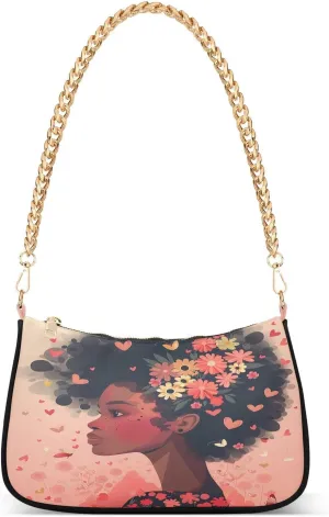 Shoulder Bags for Women African Woman with Flowers Tote HandBag Shoulder Bags purse with Chain Zipper Closure