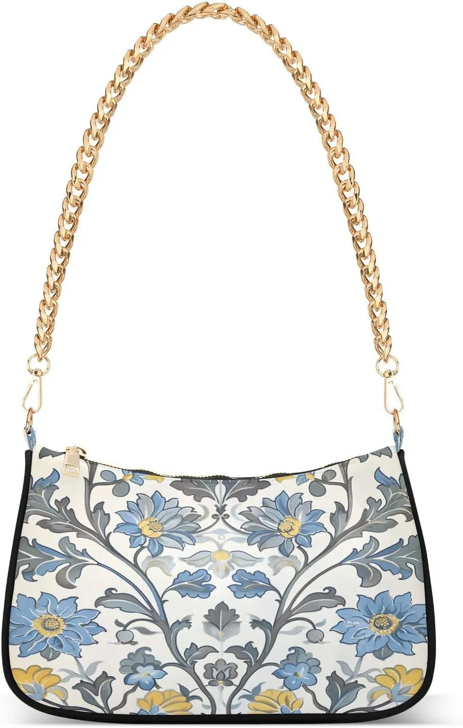 Shoulder Bags for Women Blue and Yellow Floral Motifs Hobo Tote Handbag Small Clutch Purse with Zipper Closure