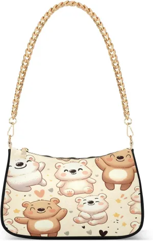 Shoulder Bags for Women Cute Happy Bear Illustration Material Pattern Hobo Tote Handbag Small Clutch Purse with Zipper Closure