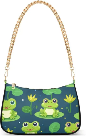 Shoulder Bags for Women Frog in The Pond with Floral Hobo Tote Handbag Small Clutch Purse with Zipper Closure