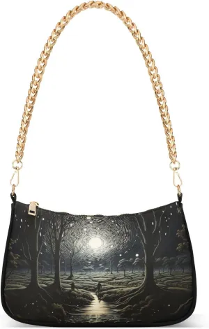 Shoulder Bags for Women Mysterious Forest Moon Night Hobo Tote Handbag Small Clutch Purse with Zipper Closure