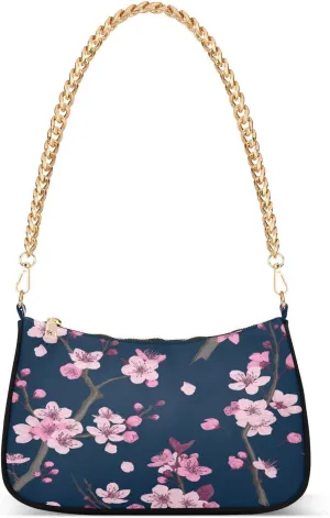 Shoulder Bags for Women Pink Cherry Blossom Flower Flroal Navy Blue Hobo Tote Handbag Small Clutch Purse with Zipper Closure