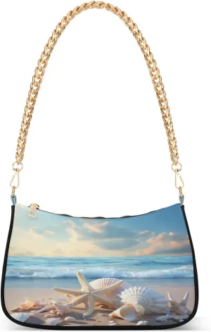 Shoulder Bags for Women Seashell Starfish on Beach Summer Hobo Tote Handbag Small Clutch Purse with Zipper Closure