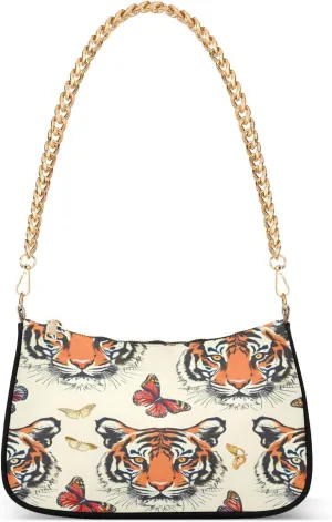 Shoulder Bags for Women Tiger Heads and Butterfiles Illustration Simplified Pattern Hobo Tote Handbag Small Clutch Purse with Zipper Closure