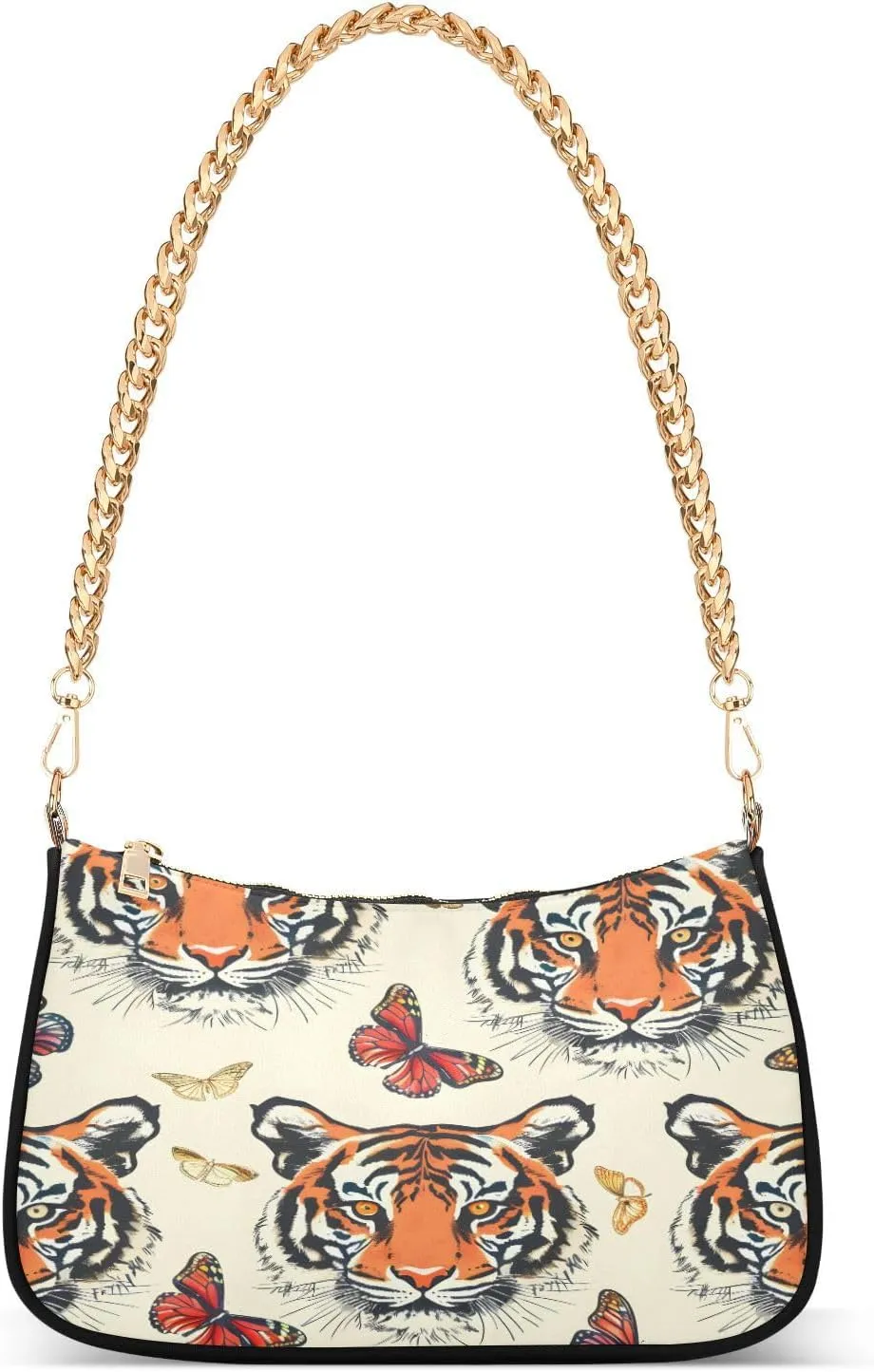 Shoulder Bags for Women Tiger Heads and Butterfiles Illustration Simplified Pattern Hobo Tote Handbag Small Clutch Purse with Zipper Closure