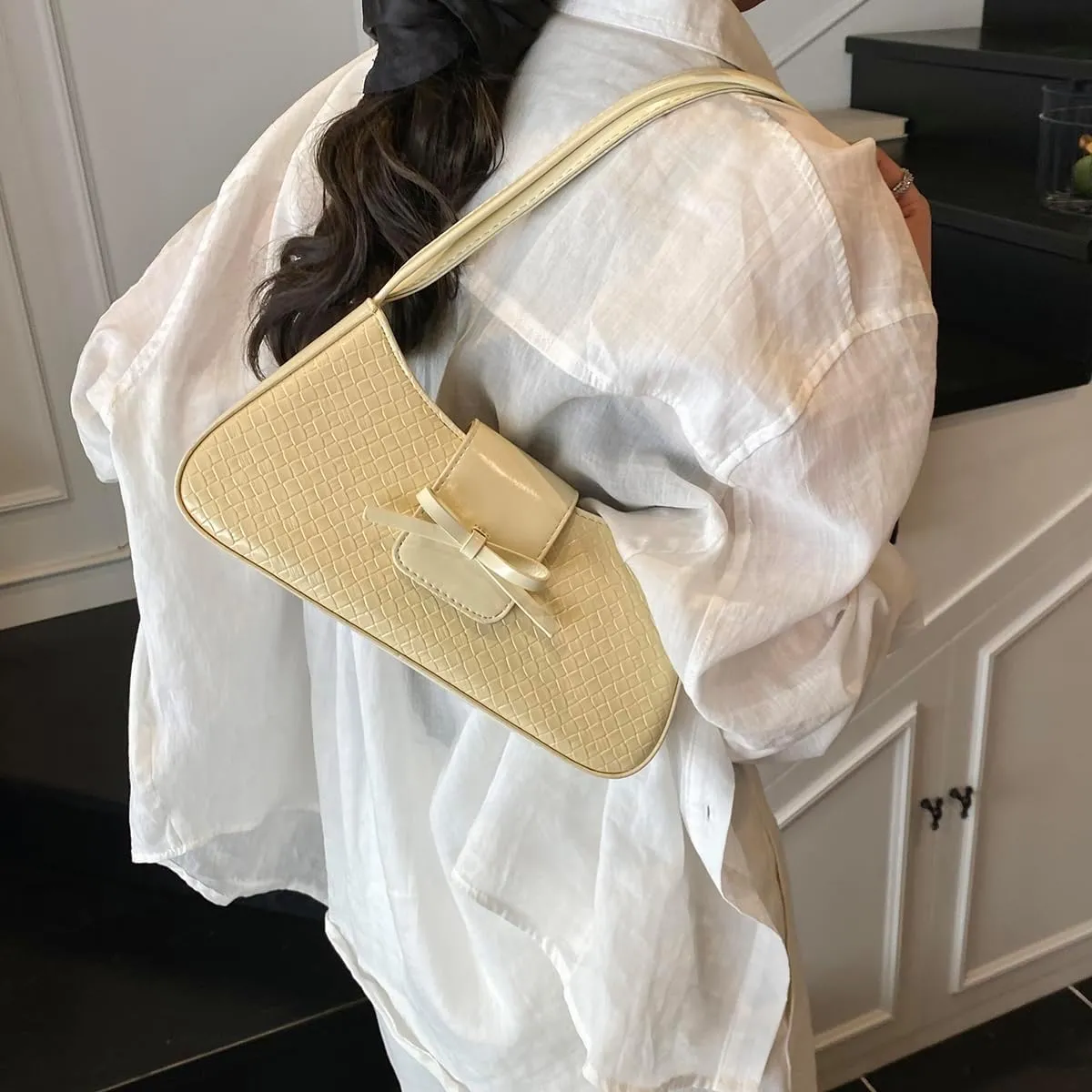 Shoulder Bags for Women Woven Purses and Handbags Coquette Bow Purse Y2k Bag Vegan Leather Small Clutch Hobo Handbag