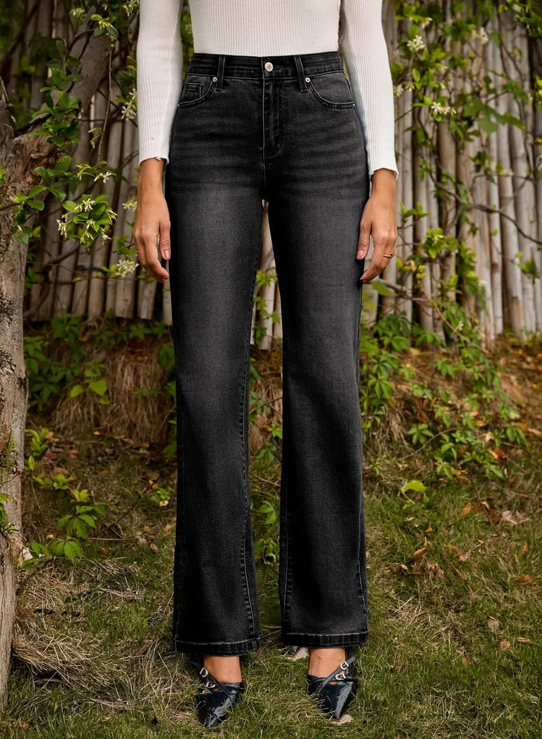 Sidefeel Women's Wide Leg Jeans High Waisted Tummy Control Stretchy Straight Leg Elastic Waist Trendy Denim Pants