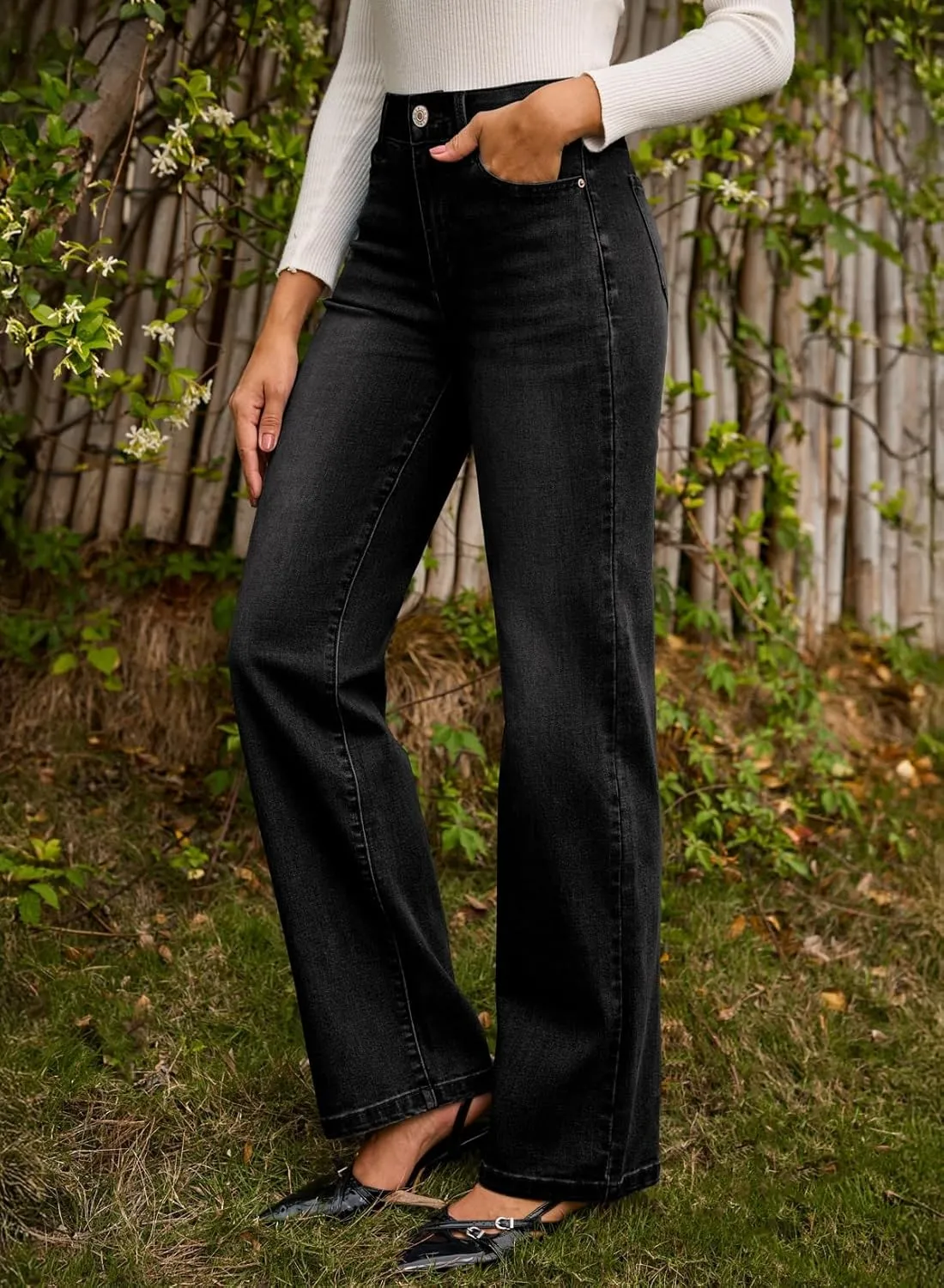 Sidefeel Women's Wide Leg Jeans High Waisted Tummy Control Stretchy Straight Leg Elastic Waist Trendy Denim Pants