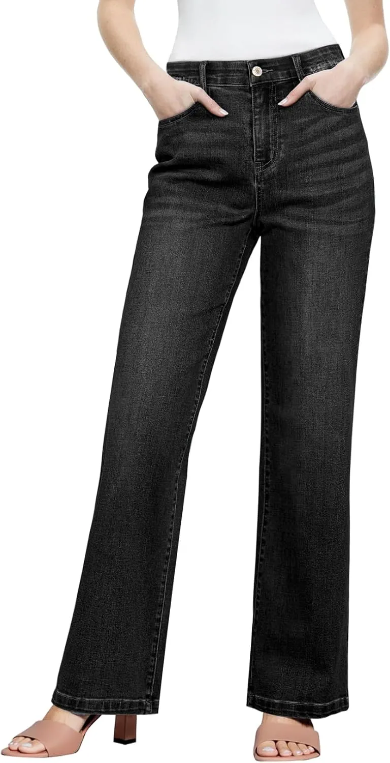 Sidefeel Women's Wide Leg Jeans High Waisted Tummy Control Stretchy Straight Leg Elastic Waist Trendy Denim Pants