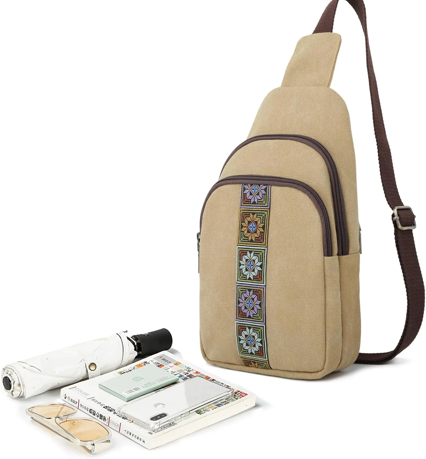 SILKAREA Canvas Sling Bag for Wome Crossbody Purse Small Sling Backpack Purse Travel Hiking Chest Bag Daypack