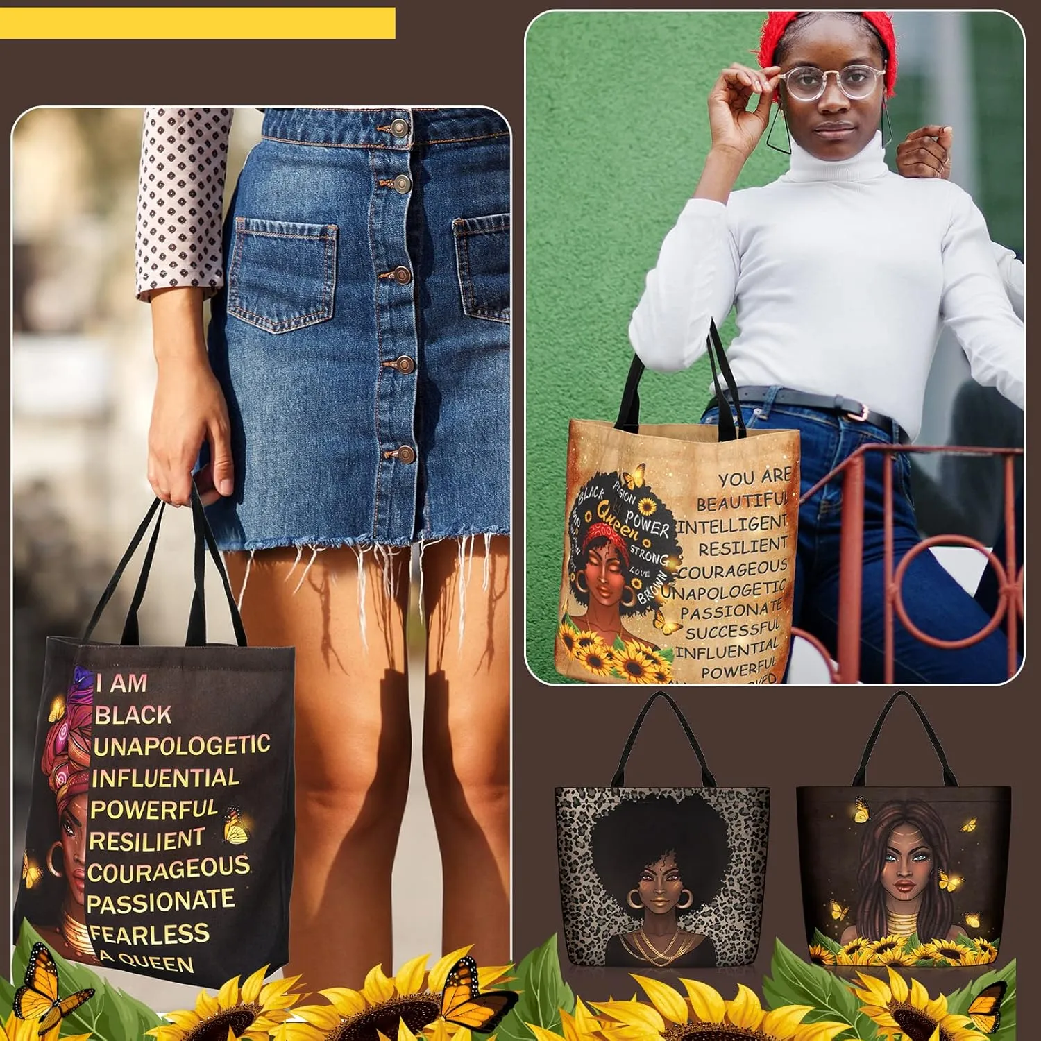 Silkfly 4 Pack African American Tote Bags for Women Large Shoulder Bag Black Girl Satchel Handbags Work Travel Beach