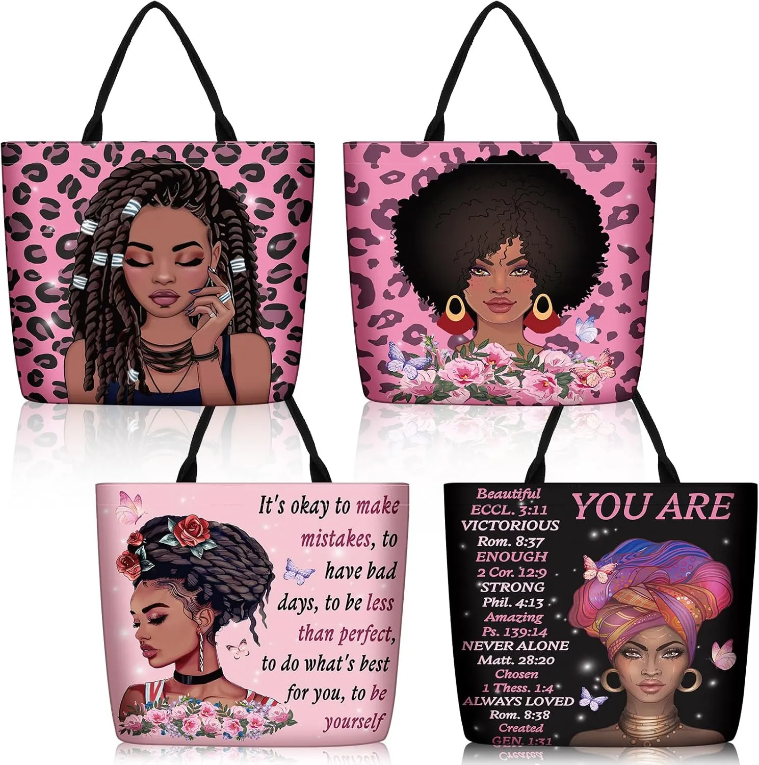Silkfly 4 Pack African American Tote Bags for Women Large Shoulder Bag Black Girl Satchel Handbags Work Travel Beach