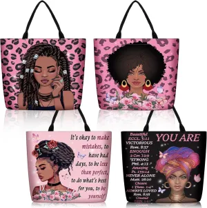 Silkfly 4 Pack African American Tote Bags for Women Large Shoulder Bag Black Girl Satchel Handbags Work Travel Beach