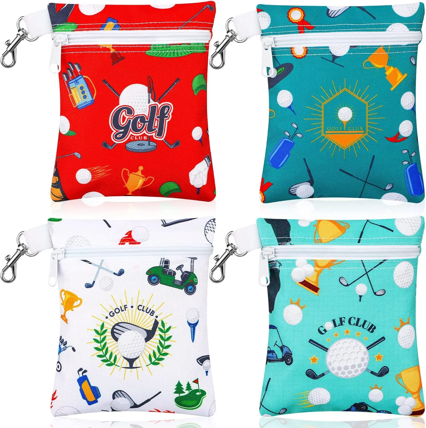 Silkfly 4 Pcs Golf Tee Bag 5.62 x 6.87 Inch Zipper Pouch Tee Holder Pouch with Metal Lobster Claw Clip Gifts Accessories for Men Women Golf Lover Player, 4 Styles(Stylish)