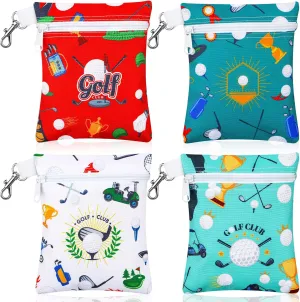 Silkfly 4 Pcs Golf Tee Bag 5.62 x 6.87 Inch Zipper Pouch Tee Holder Pouch with Metal Lobster Claw Clip Gifts Accessories for Men Women Golf Lover Player, 4 Styles(Stylish)