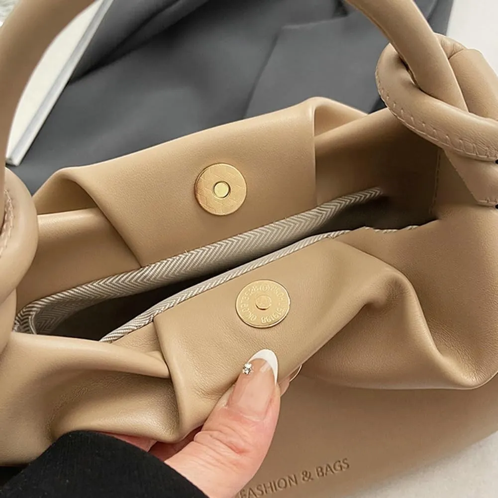 Simple Bucket Bags for Women Trendy Pleated Shoulder Bag PU Vegan Leather Material Top-Handle Bag for Daily Life