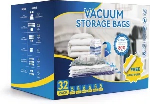 Simple Deluxe 32 Pack Space Saver Bags (5 Jumbo/5 L/6 M/6 S/5 Roll M/5 Roll S) 80% Space Saver Bags with Travelling Pump for Quilts and Blankets Storage