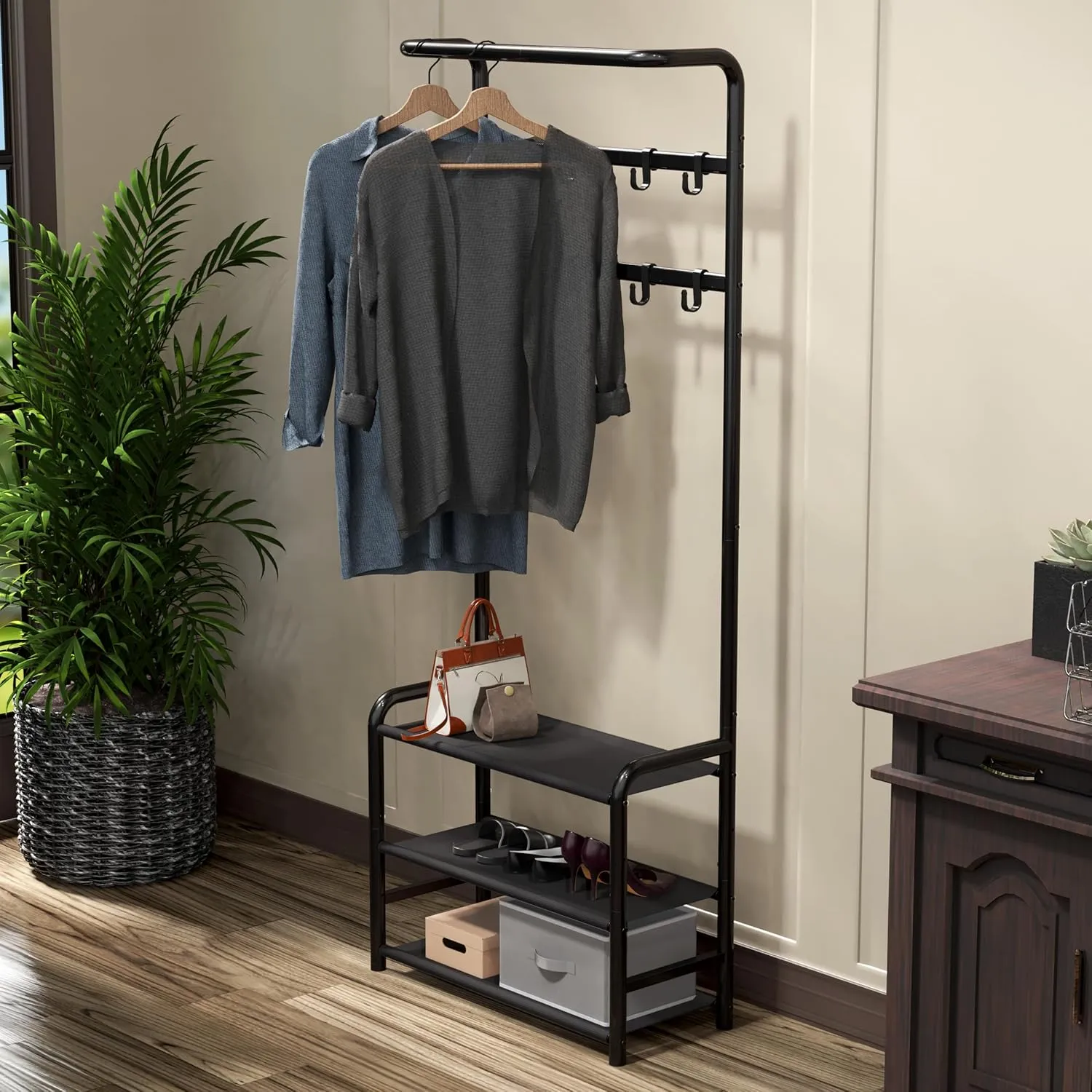 Simple Houseware Coat Rack with Storage Shelf, Black