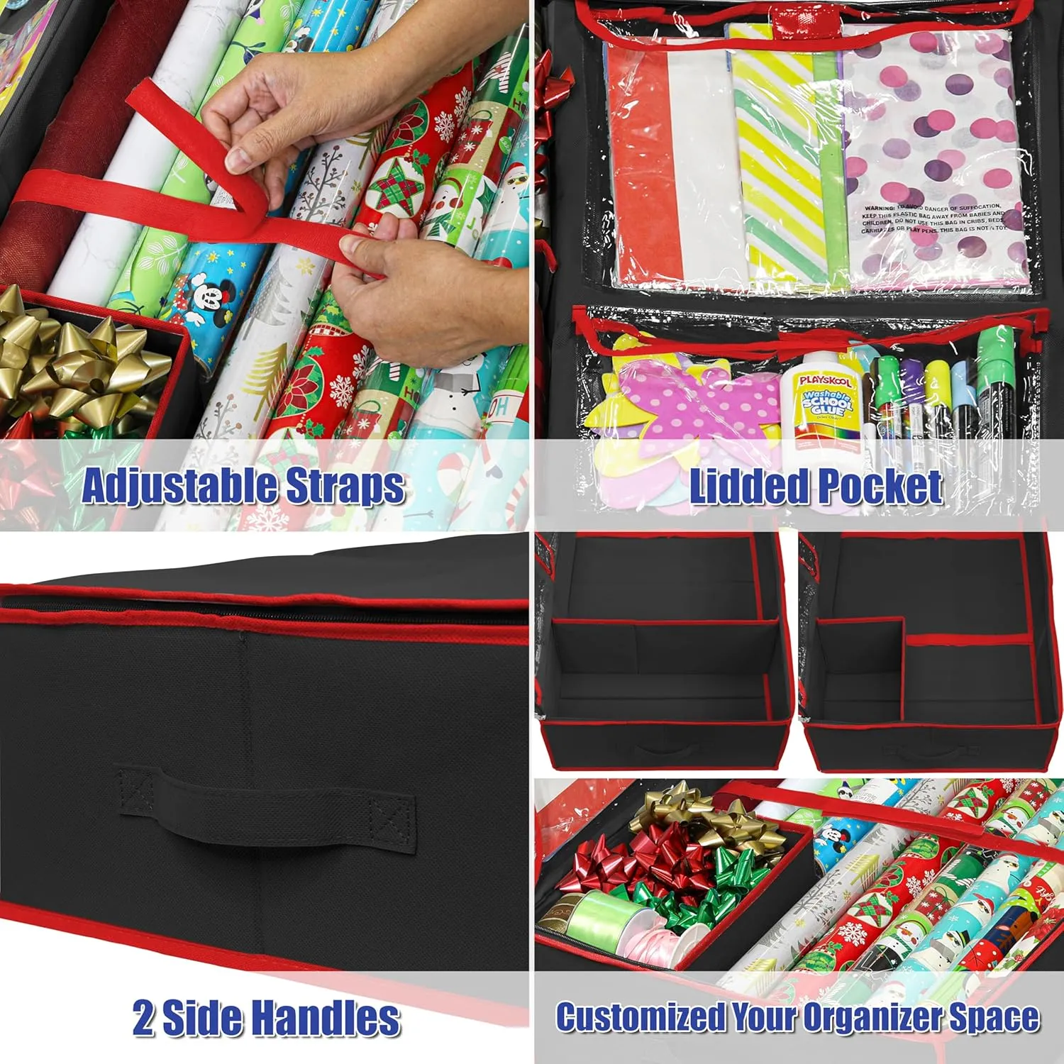 Simple Houseware Wrapping Paper Organizer - Under Bed Storage for 25-40 Rolls Gift Wrapping Paper, Gift Bags, Ribbons, 41.5''L x 16''W, Black