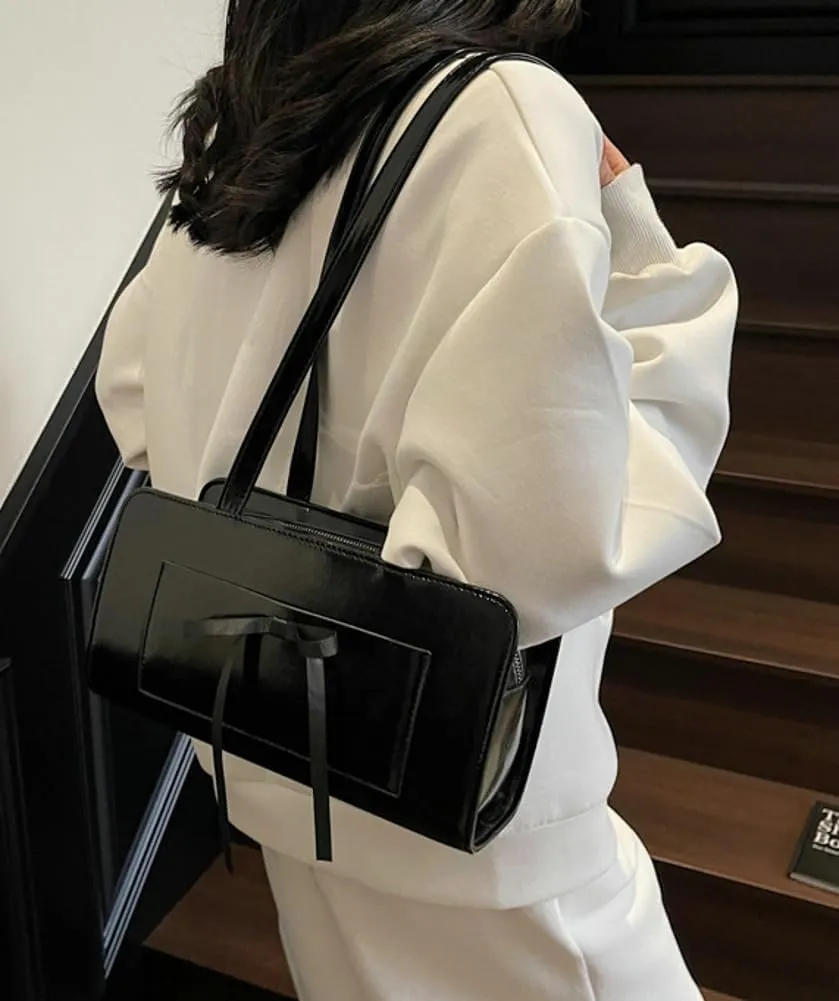 Simple Solid Bow Tie Underarm Bag for Women PU Leather Fashion Shoulder Bags Class Commuter Travel Tote Bag 2025
