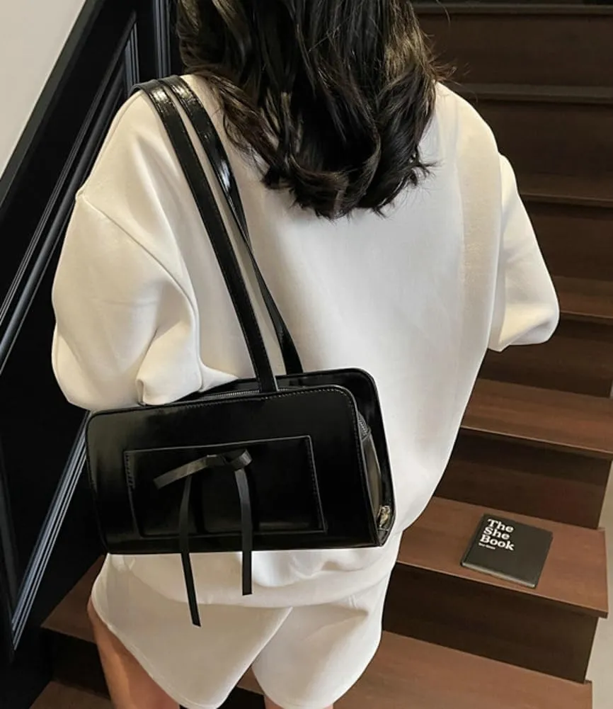 Simple Solid Bow Tie Underarm Bag for Women PU Leather Fashion Shoulder Bags Class Commuter Travel Tote Bag 2025