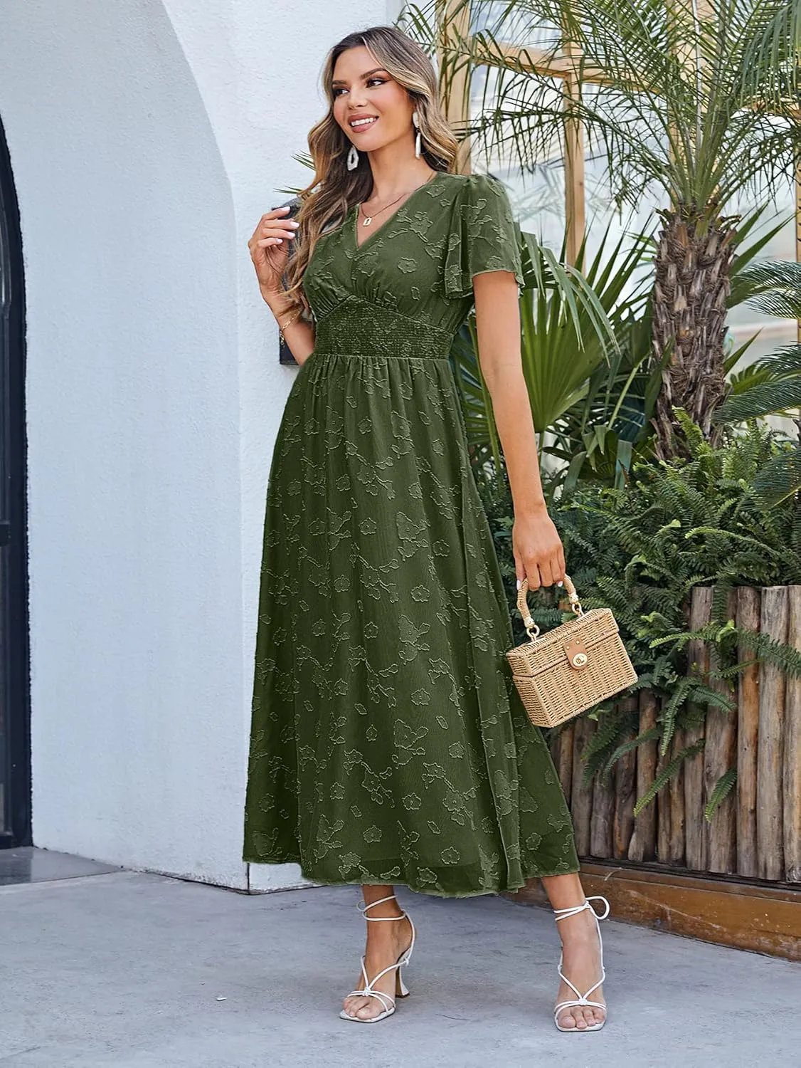 Simplee Women's Boho Floral Maxi Dress Flowy Casual V Neck Short Sleeve Wedding Guest Holiday Beach Long Dress