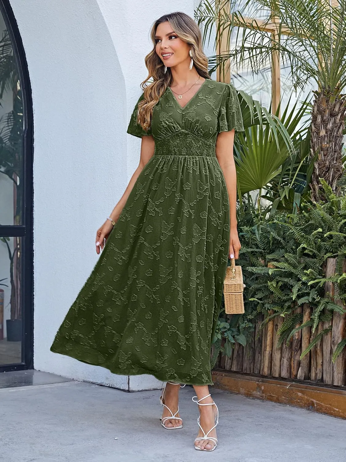 Simplee Women's Boho Floral Maxi Dress Flowy Casual V Neck Short Sleeve Wedding Guest Holiday Beach Long Dress
