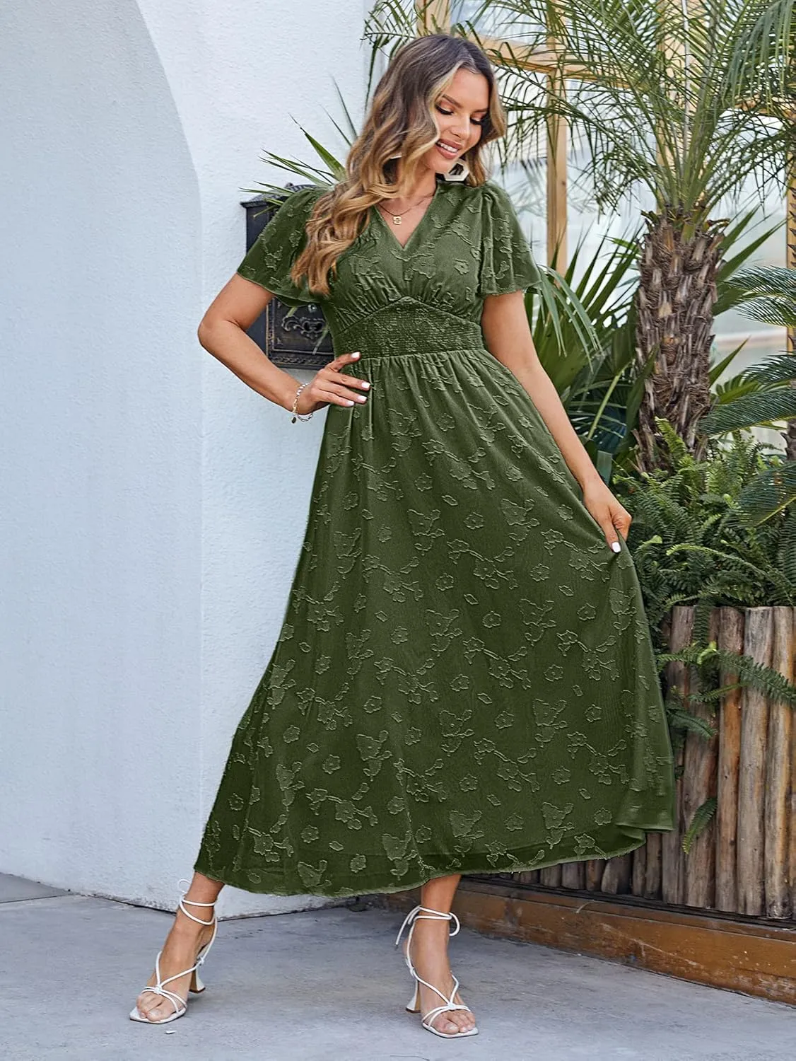 Simplee Women's Boho Floral Maxi Dress Flowy Casual V Neck Short Sleeve Wedding Guest Holiday Beach Long Dress