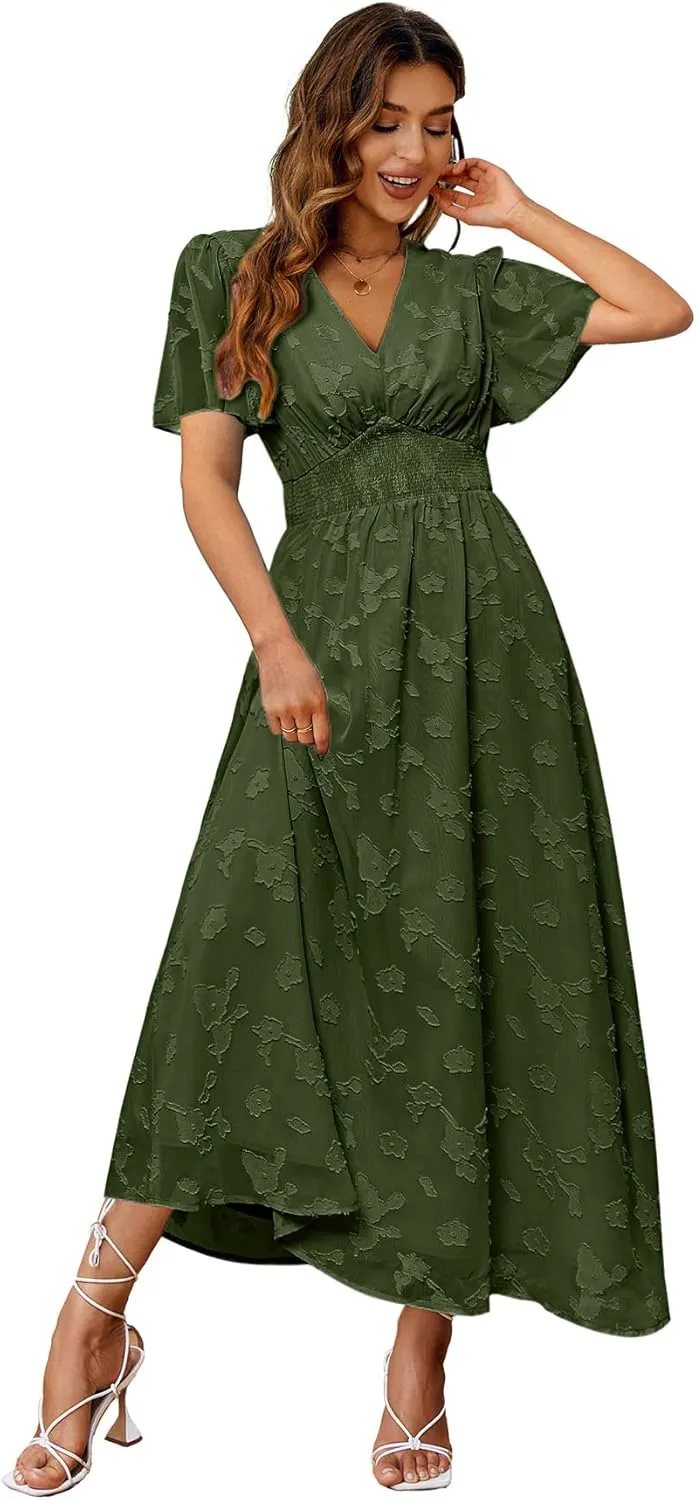 Simplee Women's Boho Floral Maxi Dress Flowy Casual V Neck Short Sleeve Wedding Guest Holiday Beach Long Dress
