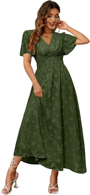 Simplee Women's Boho Floral Maxi Dress Flowy Casual V Neck Short Sleeve Wedding Guest Holiday Beach Long Dress
