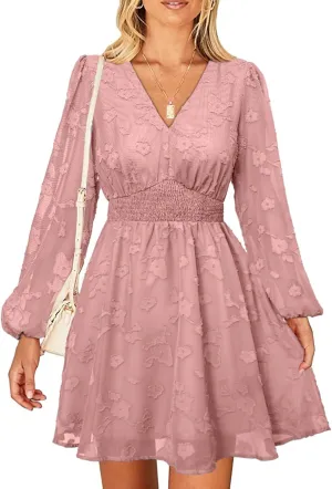 Simplee Women's Casual Boho Floral Mini Dress Bridesmaid Wedding Guest Dress Long Sleeve V Neck High Waist Fall Dress
