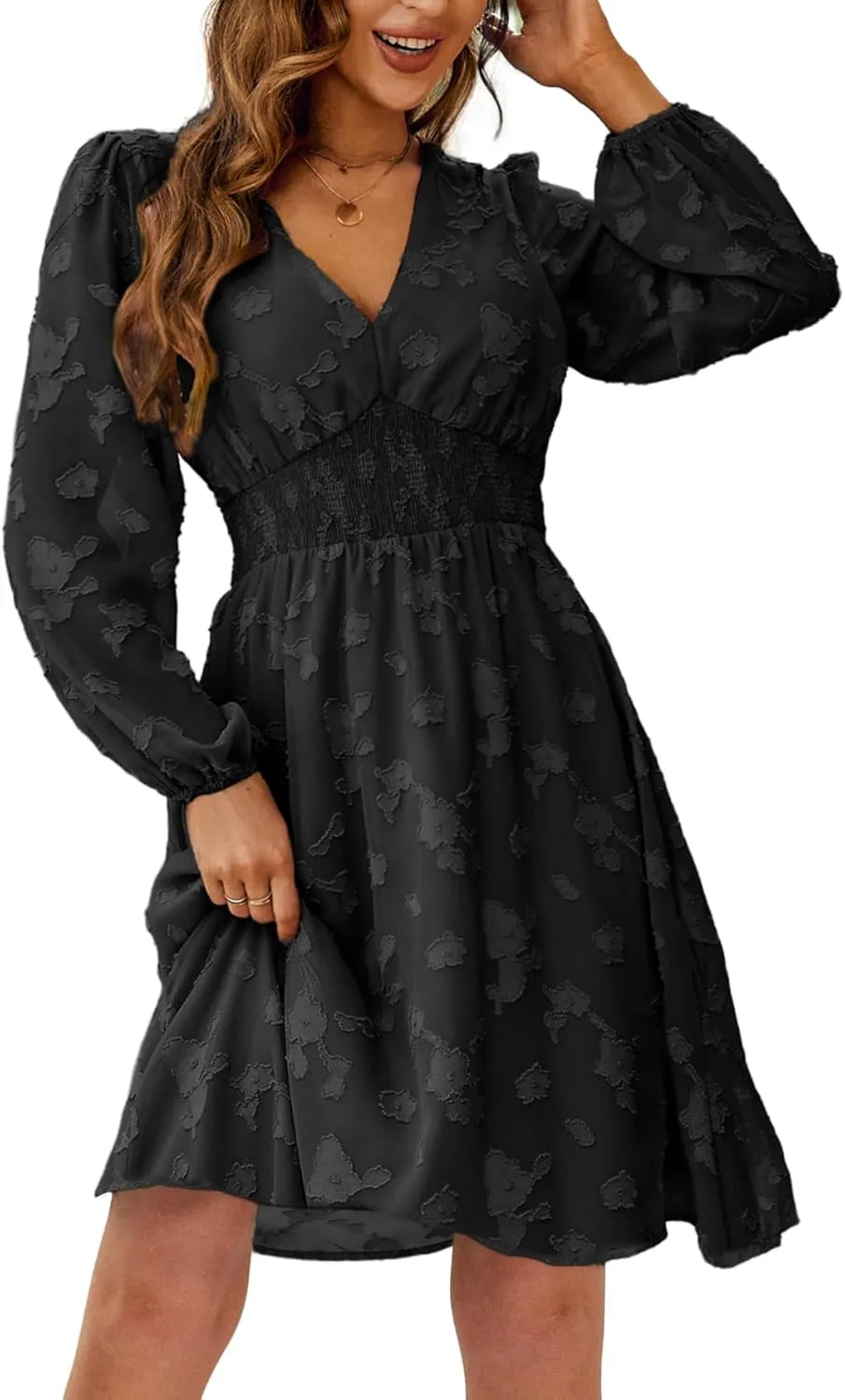 Simplee Women's Casual Boho Floral Mini Dress Bridesmaid Wedding Guest Dress Long Sleeve V Neck High Waist Fall Dress