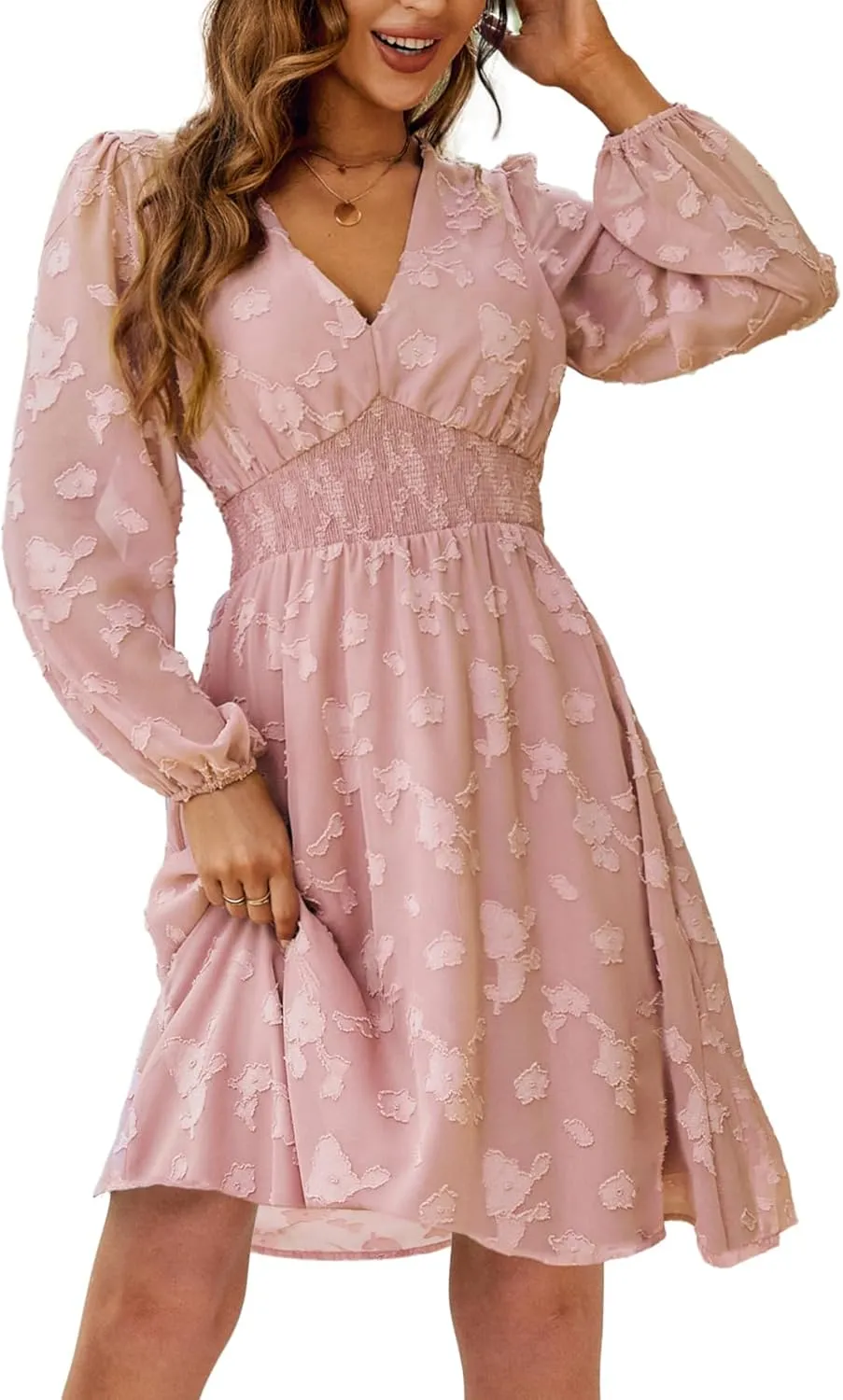 Simplee Women's Casual Boho Floral Mini Dress Bridesmaid Wedding Guest Dress Long Sleeve V Neck High Waist Fall Dress