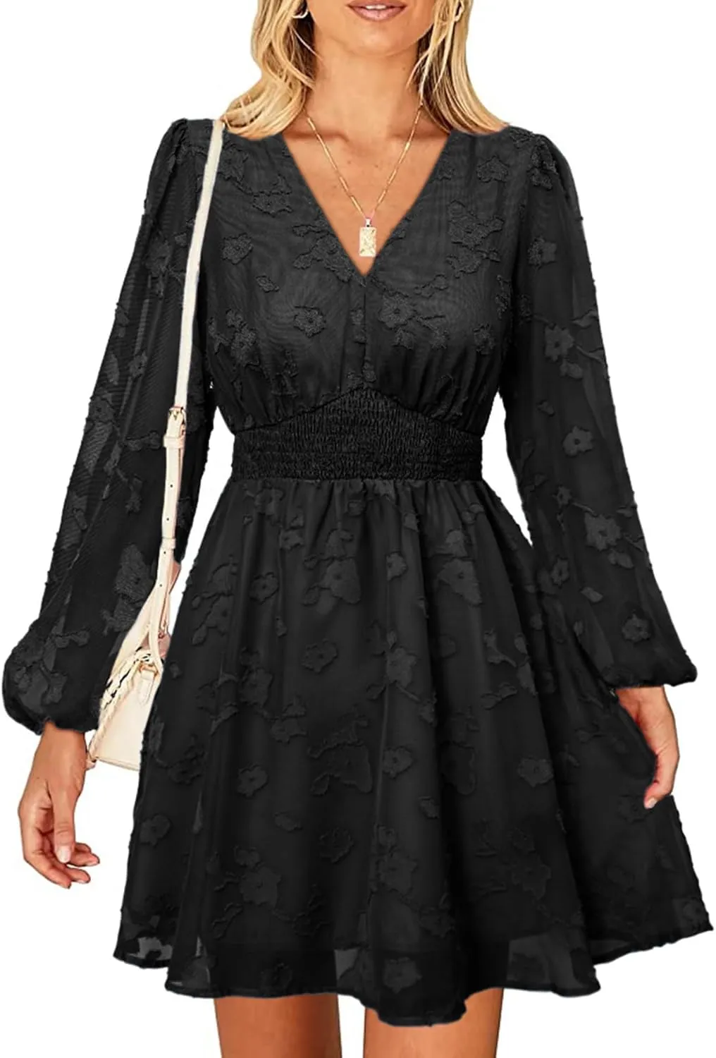 Simplee Women's Casual Boho Floral Mini Dress Bridesmaid Wedding Guest Dress Long Sleeve V Neck High Waist Fall Dress