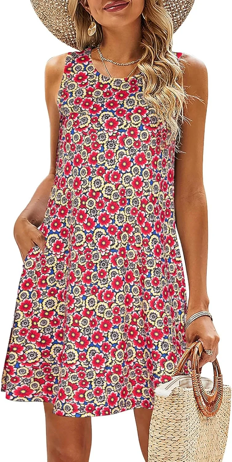 SimpleFun Summer Dresses for Women Beach Floral Tshirt Sundress Casual Pockets Boho Tank Dress