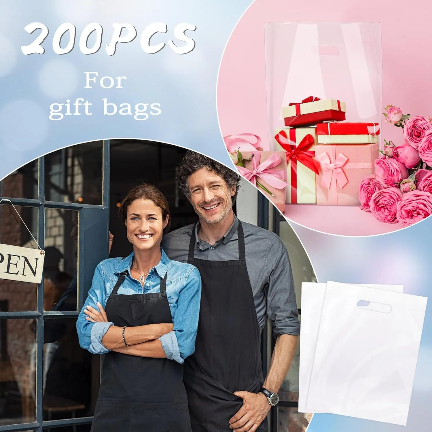 Sinmoe 200 Pack Plastic Bag with Handles Bulk Plastic Merchandise Die Cut Handle LDPE Gift Bags for Small Business Retail Gifts Shopping Trade(Clear,12'' X 15'',Simple Style)