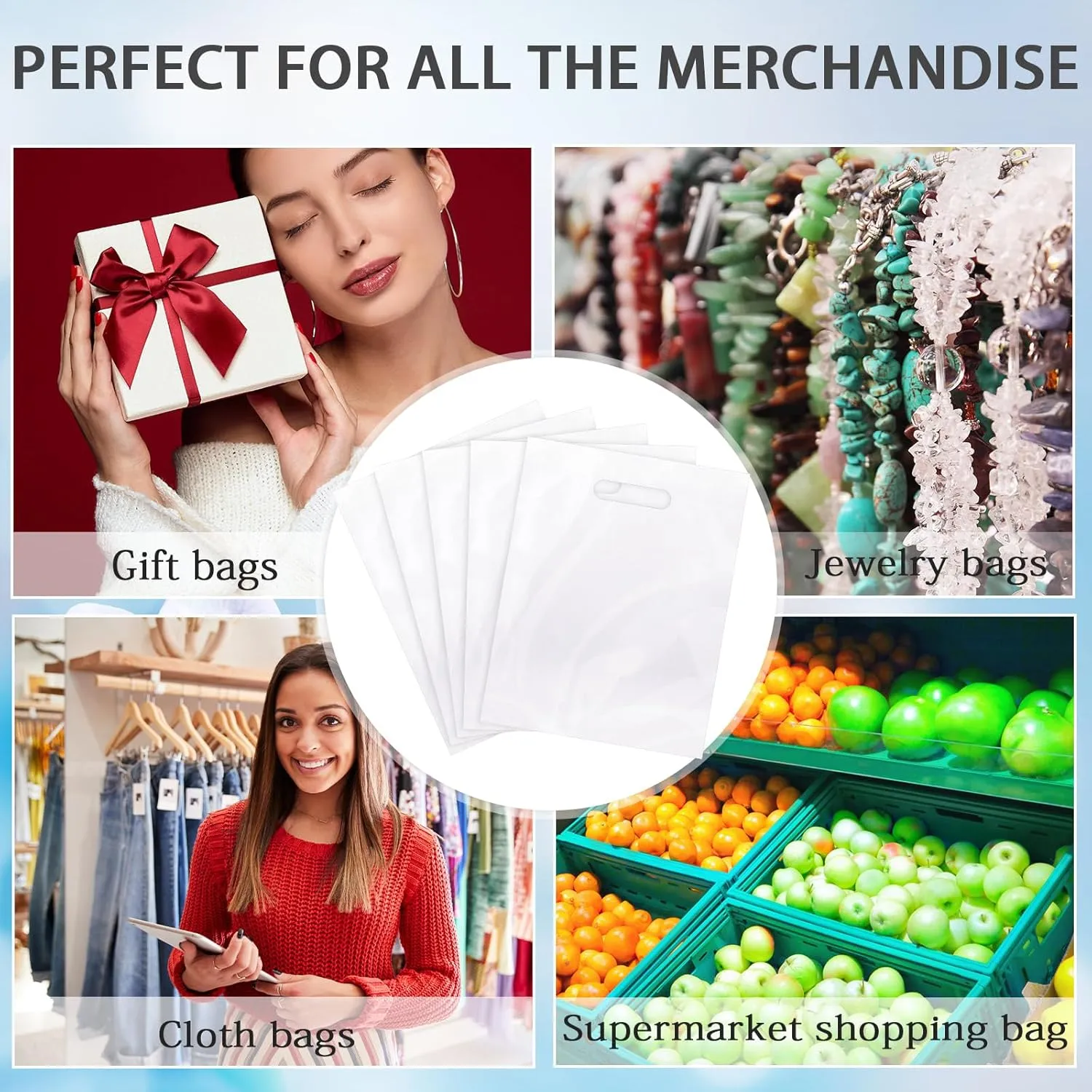 Sinmoe 200 Pack Plastic Bag with Handles Bulk Plastic Merchandise Die Cut Handle LDPE Gift Bags for Small Business Retail Gifts Shopping Trade(Clear,12'' X 15'',Simple Style)