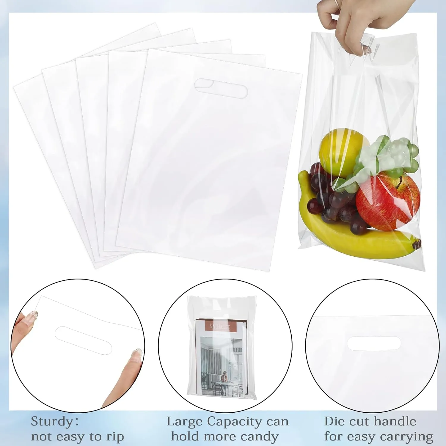 Sinmoe 200 Pack Plastic Bag with Handles Bulk Plastic Merchandise Die Cut Handle LDPE Gift Bags for Small Business Retail Gifts Shopping Trade(Clear,12'' X 15'',Simple Style)