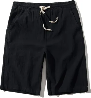 SIR7 Men's Linen Casual Classic Fit 11 Inch Inseam Elastic Waist Shorts with Drawstring
