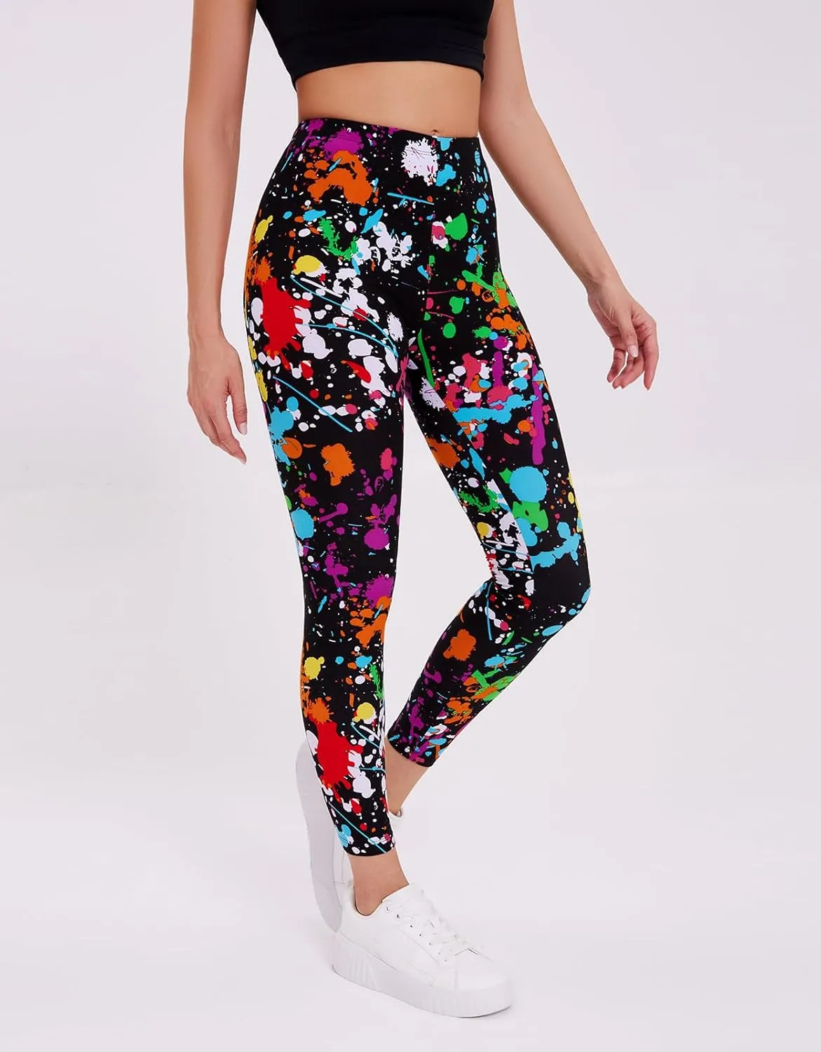 sissycos Women's 80s Leggings Neon Artistic Splash Printed Buttery Soft Stretchy Pants