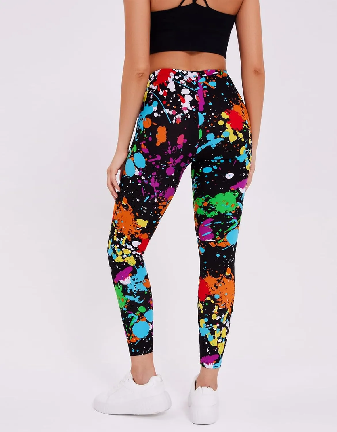 sissycos Women's 80s Leggings Neon Artistic Splash Printed Buttery Soft Stretchy Pants