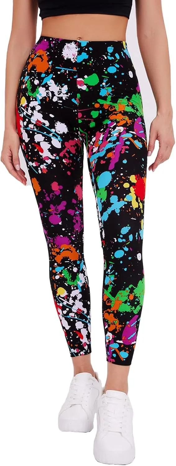 sissycos Women's 80s Leggings Neon Artistic Splash Printed Buttery Soft Stretchy Pants