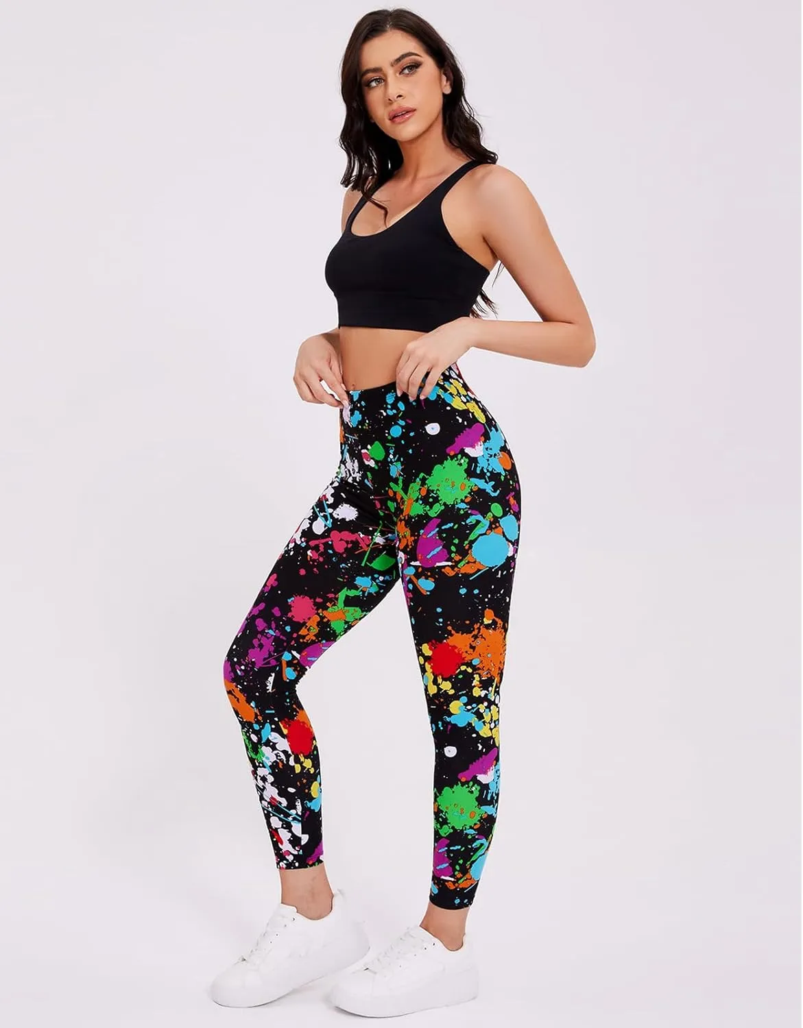 sissycos Women's 80s Leggings Neon Artistic Splash Printed Buttery Soft Stretchy Pants