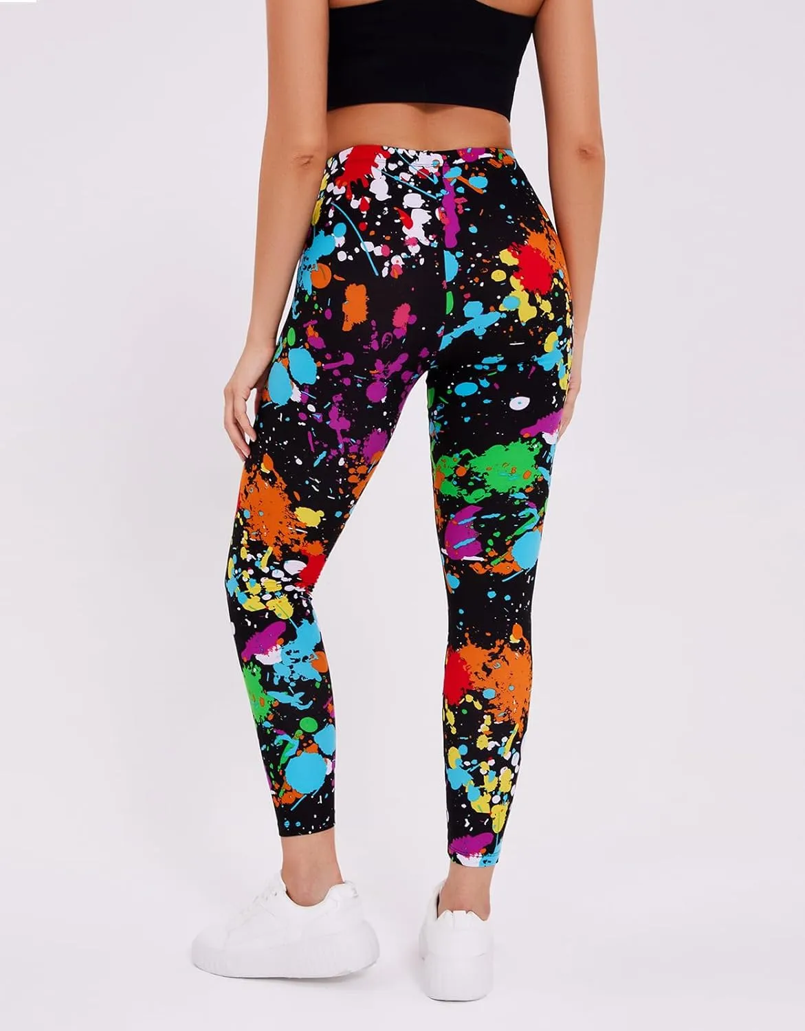 sissycos Women's 80s Leggings Neon Artistic Splash Printed Buttery Soft Stretchy Pants